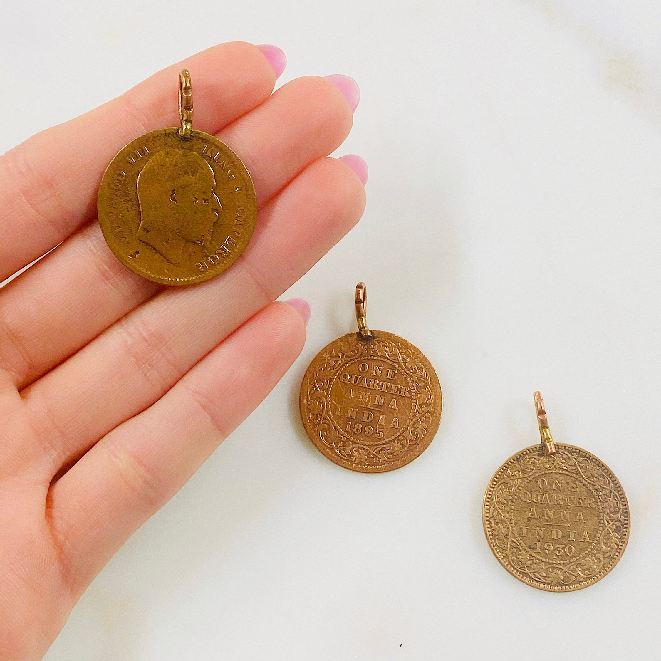 34mmx25mm Pewter Copper Colored George V King Emperor One Quarter Anna (2pc)