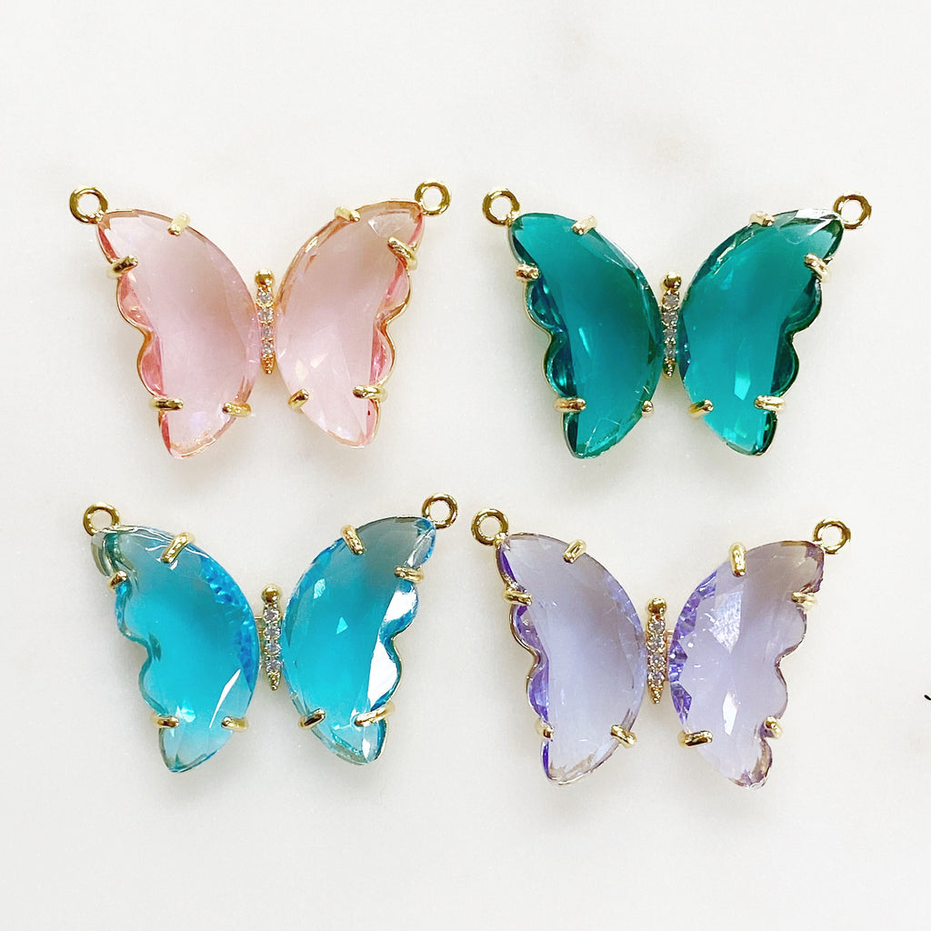 Gold Plated Large Acrylic Butterfly Statement Charm CZ Center Pink