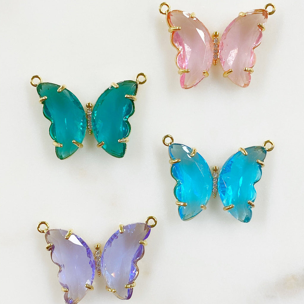 Gold Plated Large Acrylic Butterfly Statement Charm CZ Center Pink