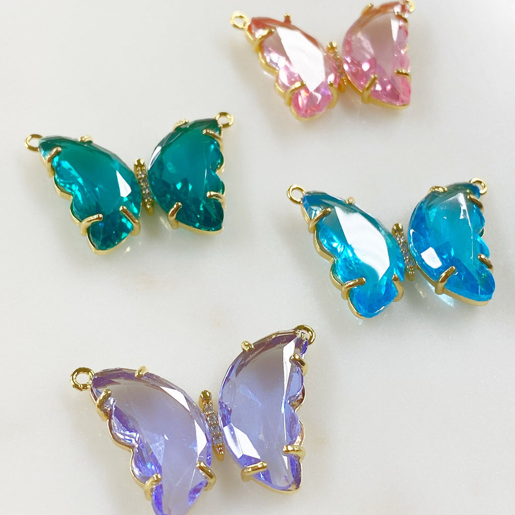 Gold Plated Large Acrylic Butterfly Statement Charm CZ Center Pink
