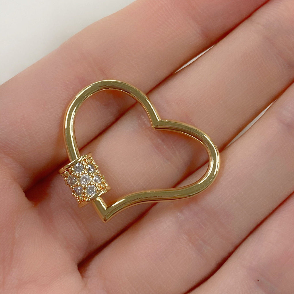 Gold Plated Curved Heart Shaped Screw Clasp CZ Covered Screw Detail