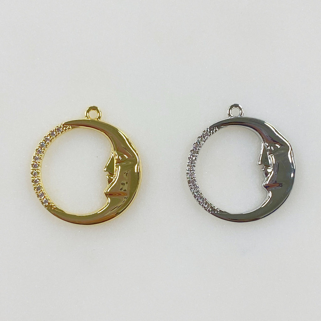 Gold Plated or Base Metal Crescent Moon Face Charm Thin Circle Half CZ Charm