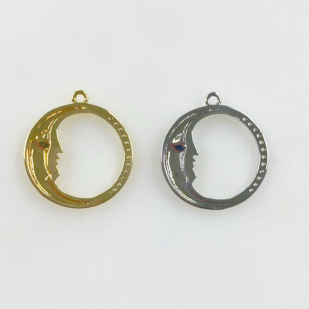 Gold Plated or Base Metal Crescent Moon Face Charm Thin Circle Half CZ Charm