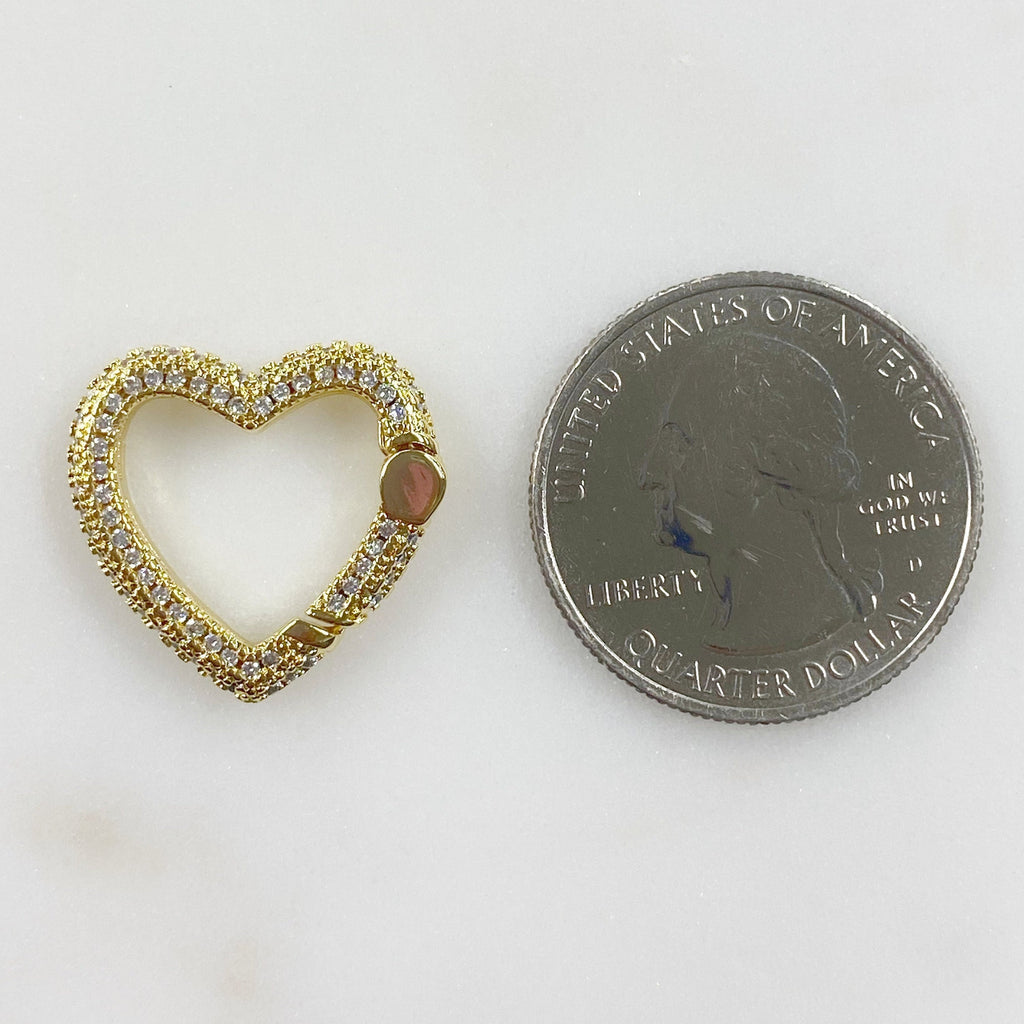 20 Mm Gold Plated Heart Shaped CZ Covered Push Gate Clasp