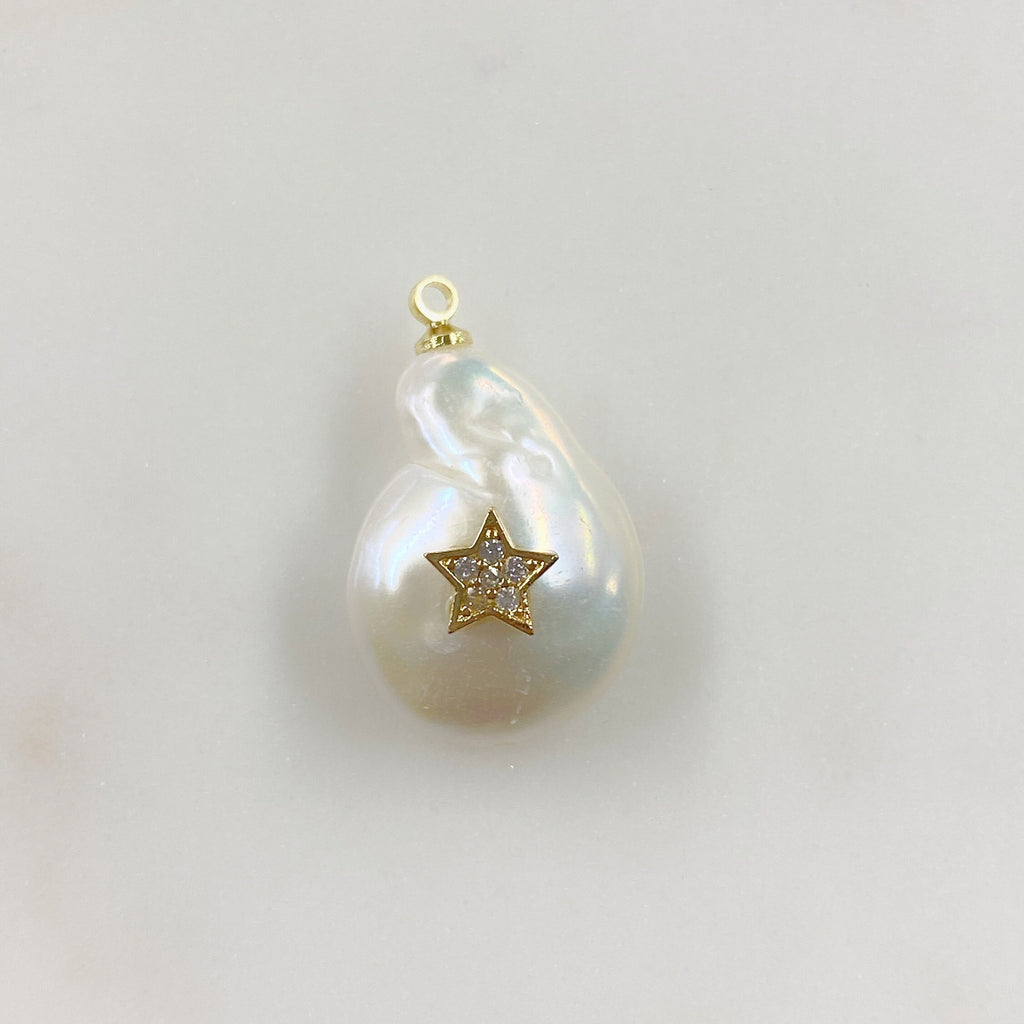 Gold Plated Freshwater Cubic Zirconia Star Pearl Charm Natural