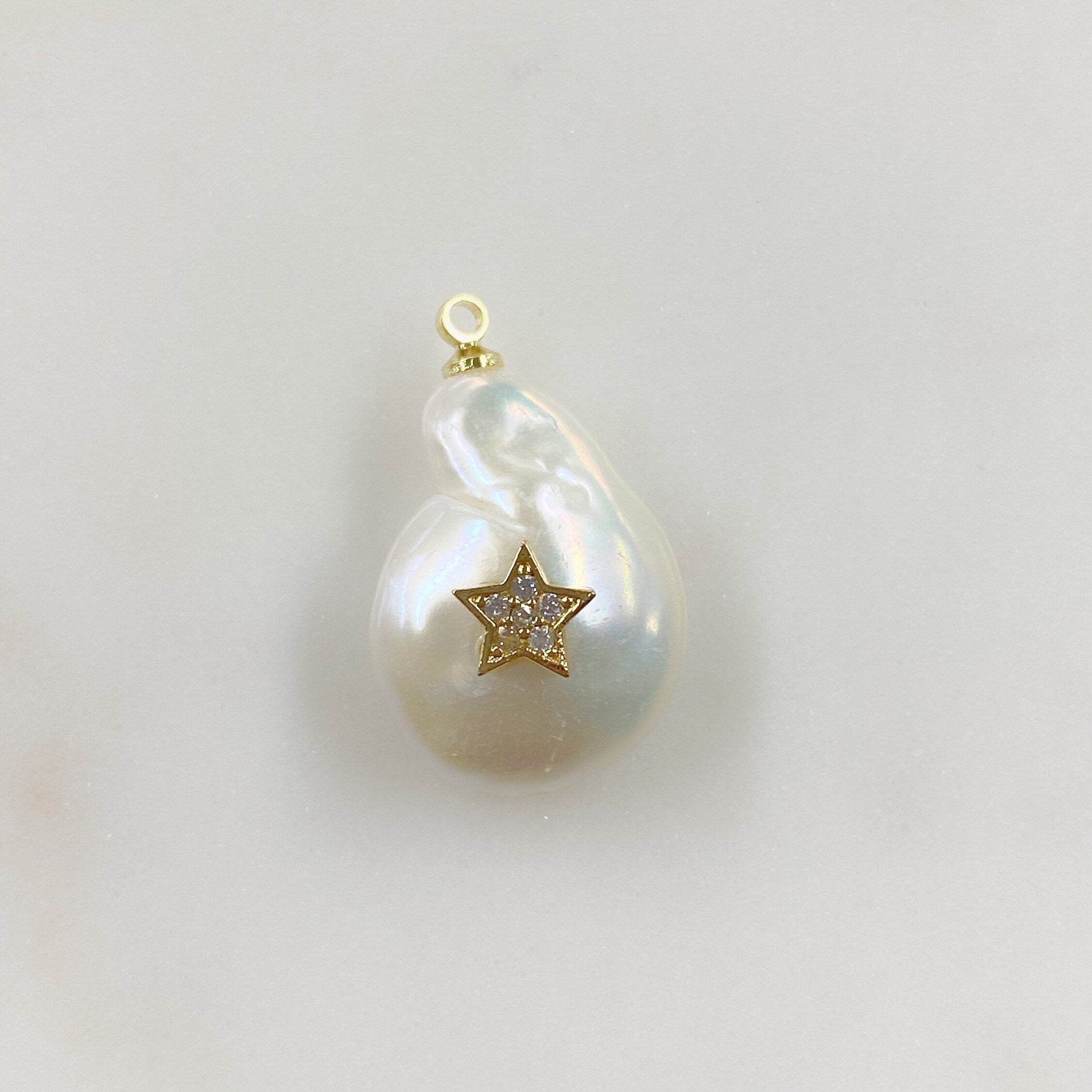 Gold Plated Freshwater Cubic Zirconia Star Pearl Charm Natural