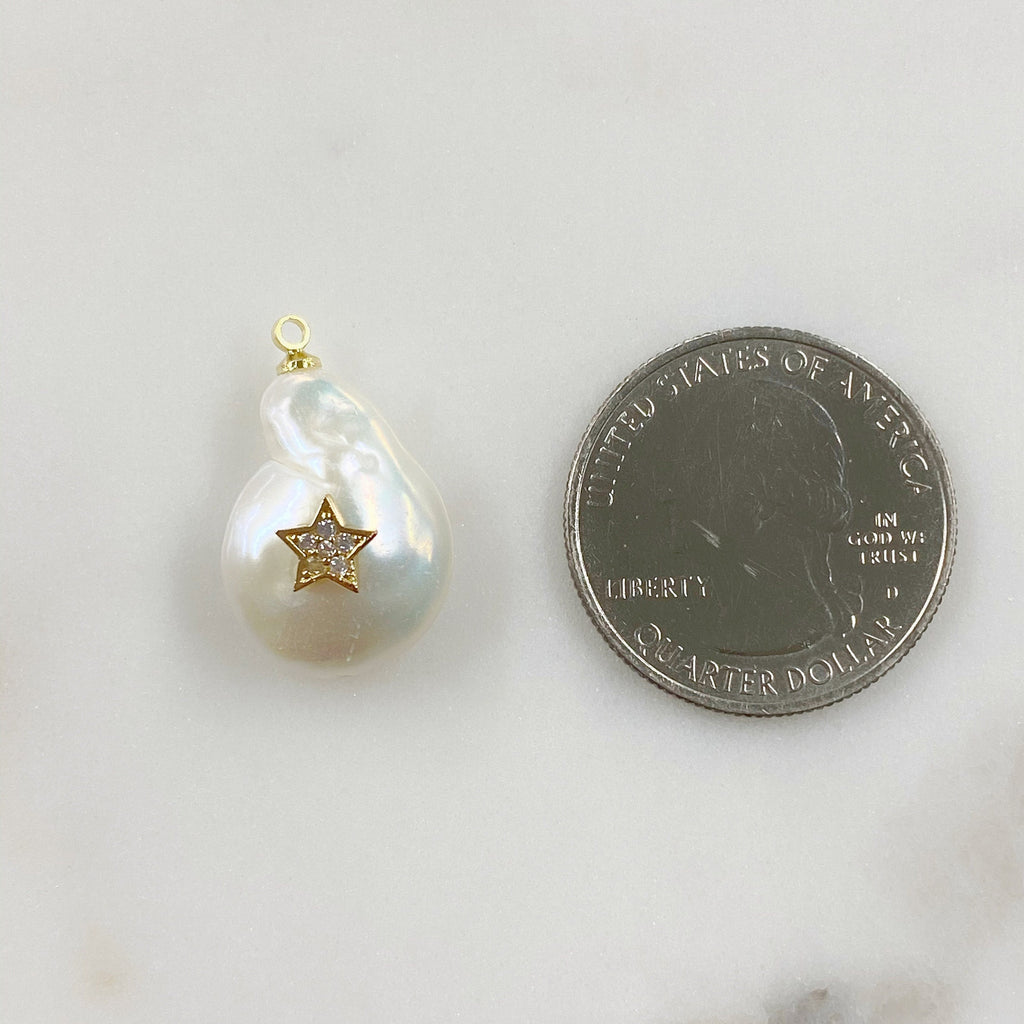 Gold Plated Freshwater Cubic Zirconia Star Pearl Charm Natural