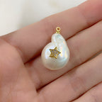 Gold Plated Freshwater Cubic Zirconia Star Pearl Charm Natural