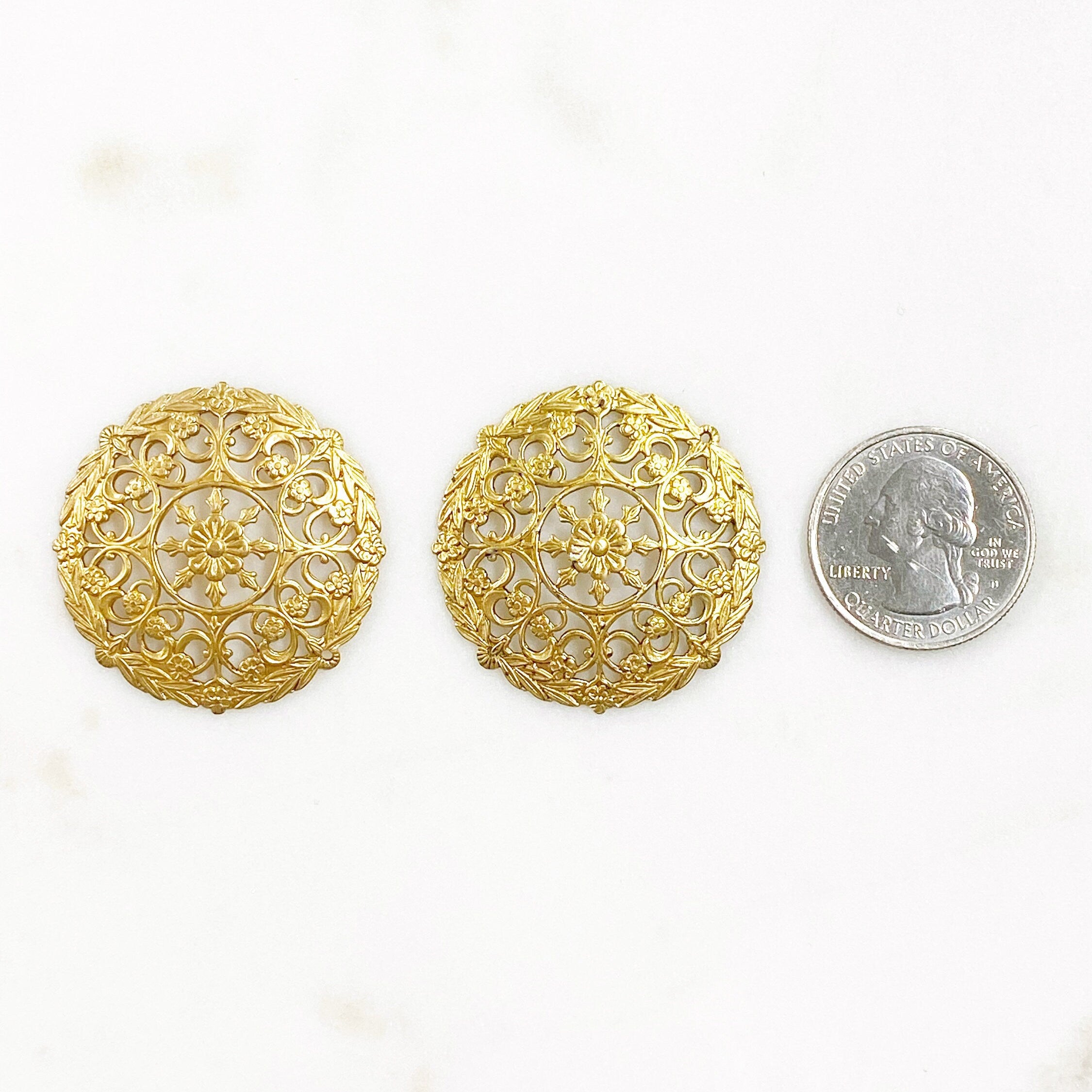 36mm Raw Brass Filigree Round Wire Tracery Design (2pc)