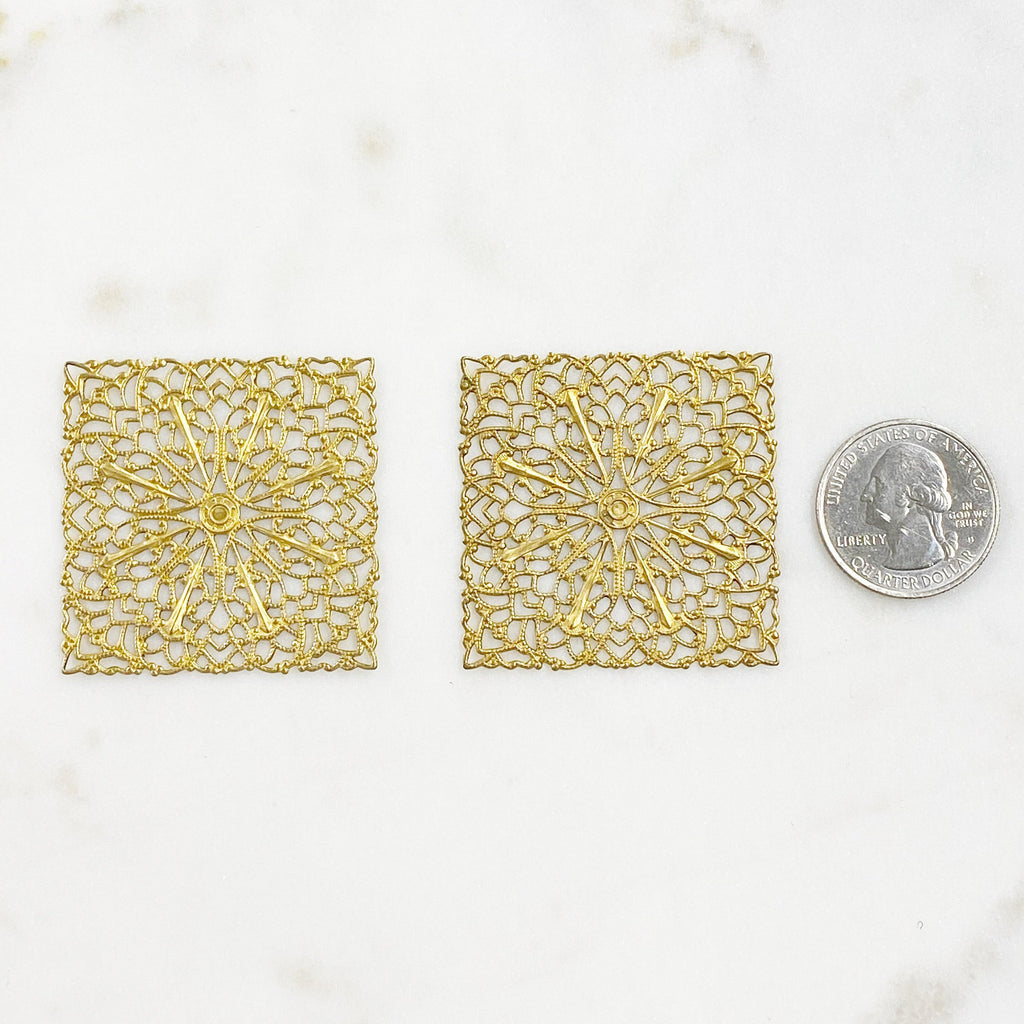 43mm Raw Brass Filigree Square Shaped Medallion (2pc)
