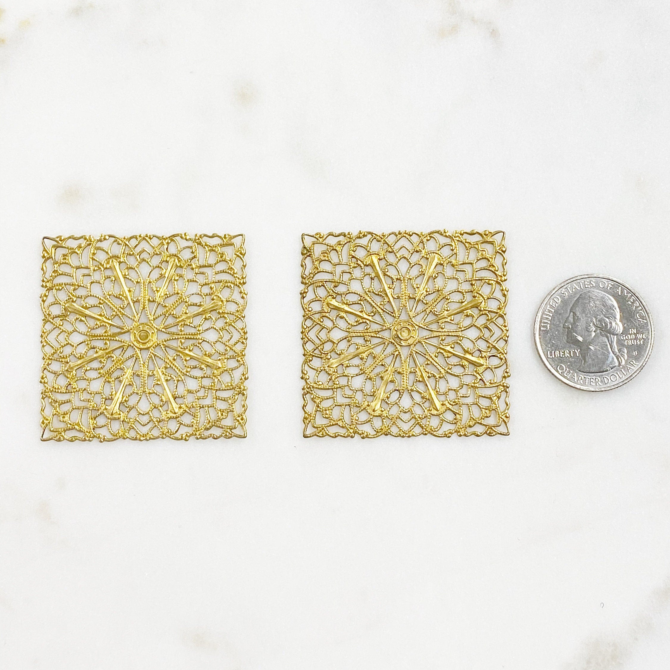 43mm Raw Brass Filigree Square Shaped Medallion (2pc)