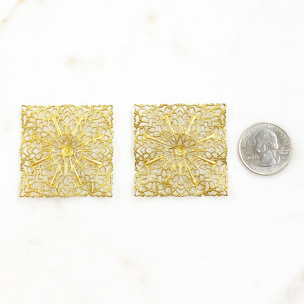 43mm Raw Brass Filigree Square Shaped Raised Edges (2pc)