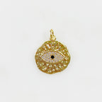 Gold Plated Evil Eye Textured CZ Coin Charm Jagged Edge Round Evil
