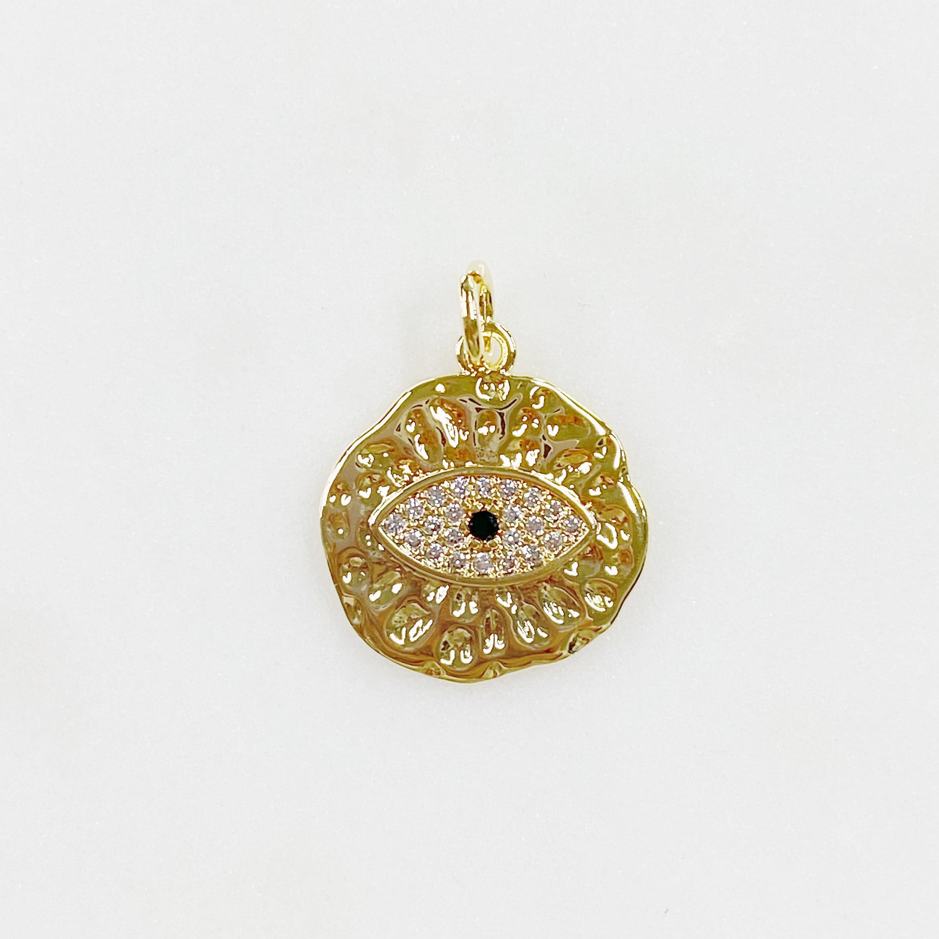 Gold Plated Evil Eye Textured CZ Coin Charm Jagged Edge Round Evil
