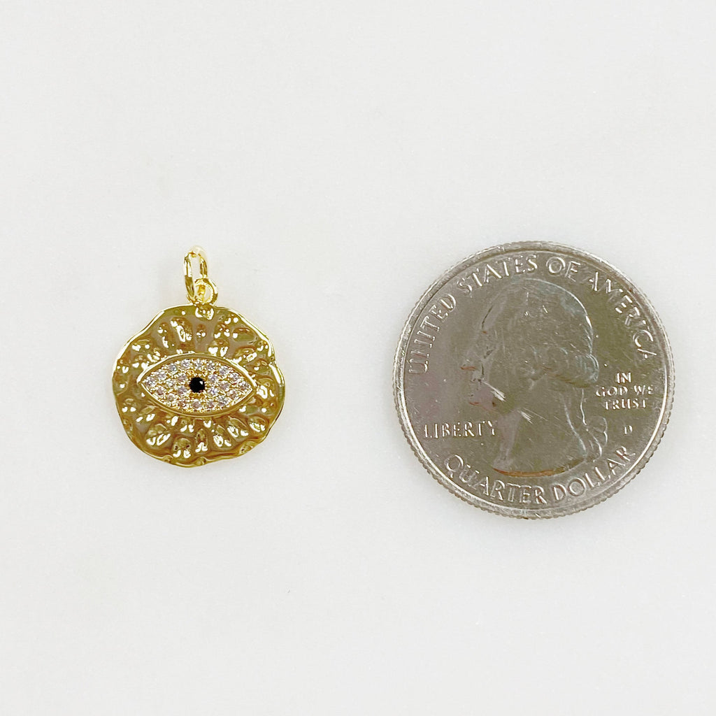 Gold Plated Evil Eye Textured CZ Coin Charm Jagged Edge Round Evil