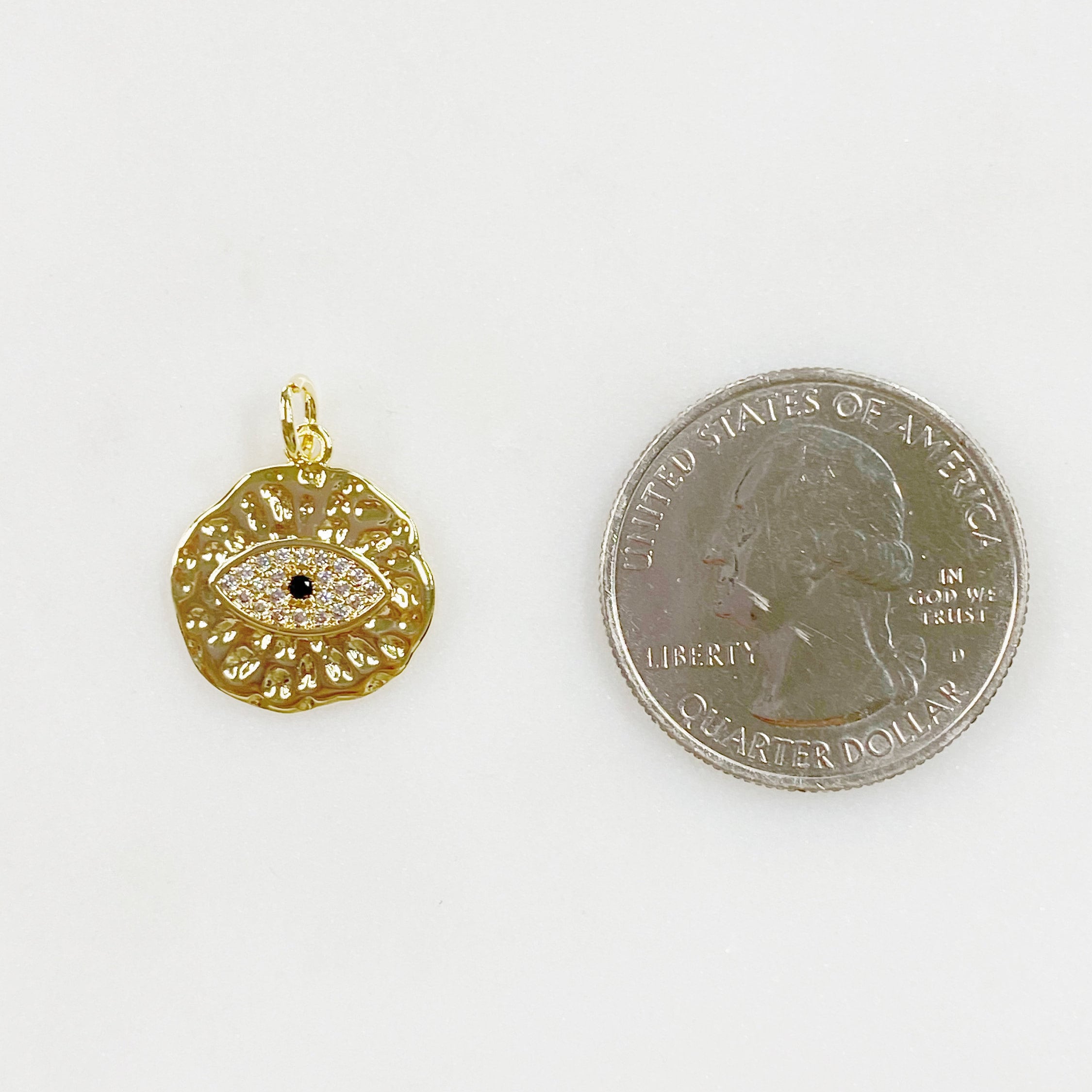 Gold Plated Evil Eye Textured CZ Coin Charm Jagged Edge Round Evil