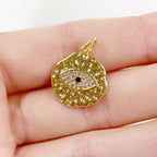 Gold Plated Evil Eye Textured CZ Coin Charm Jagged Edge Round Evil