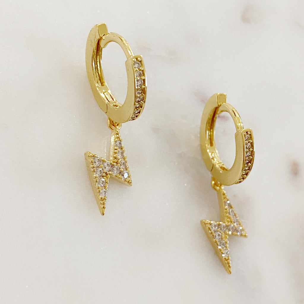 Gold Plated or Rhodium Plated Sparkle Lightning Bolt Mini Hoops (2pc)