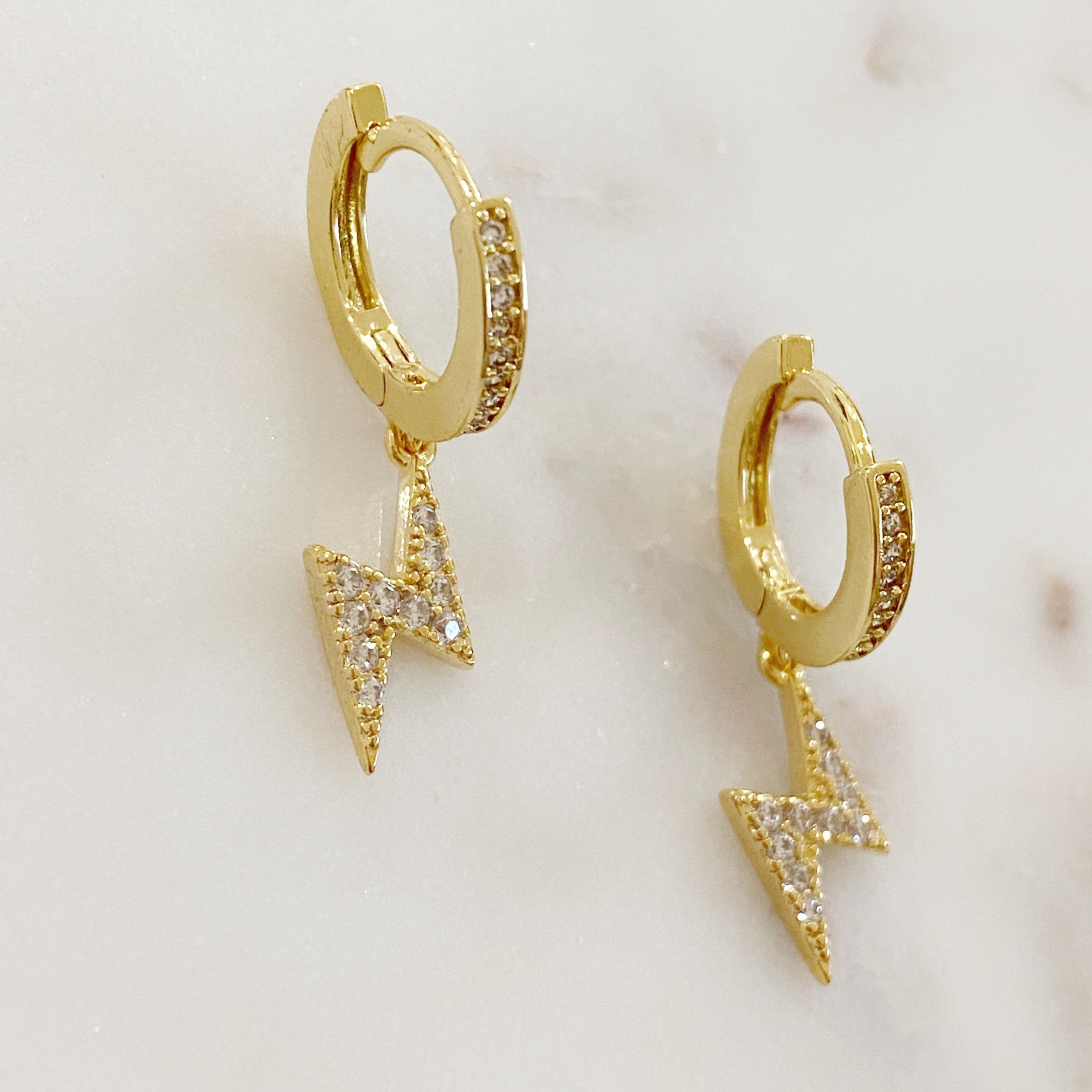 Gold Plated or Rhodium Plated Sparkle Lightning Bolt Mini Hoops (2pc)