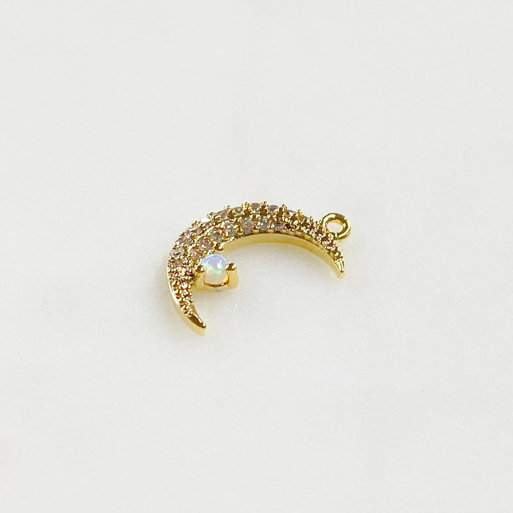 Gold Plated Thin Small Crescent Moon Cubic Zirconia Covered Opal