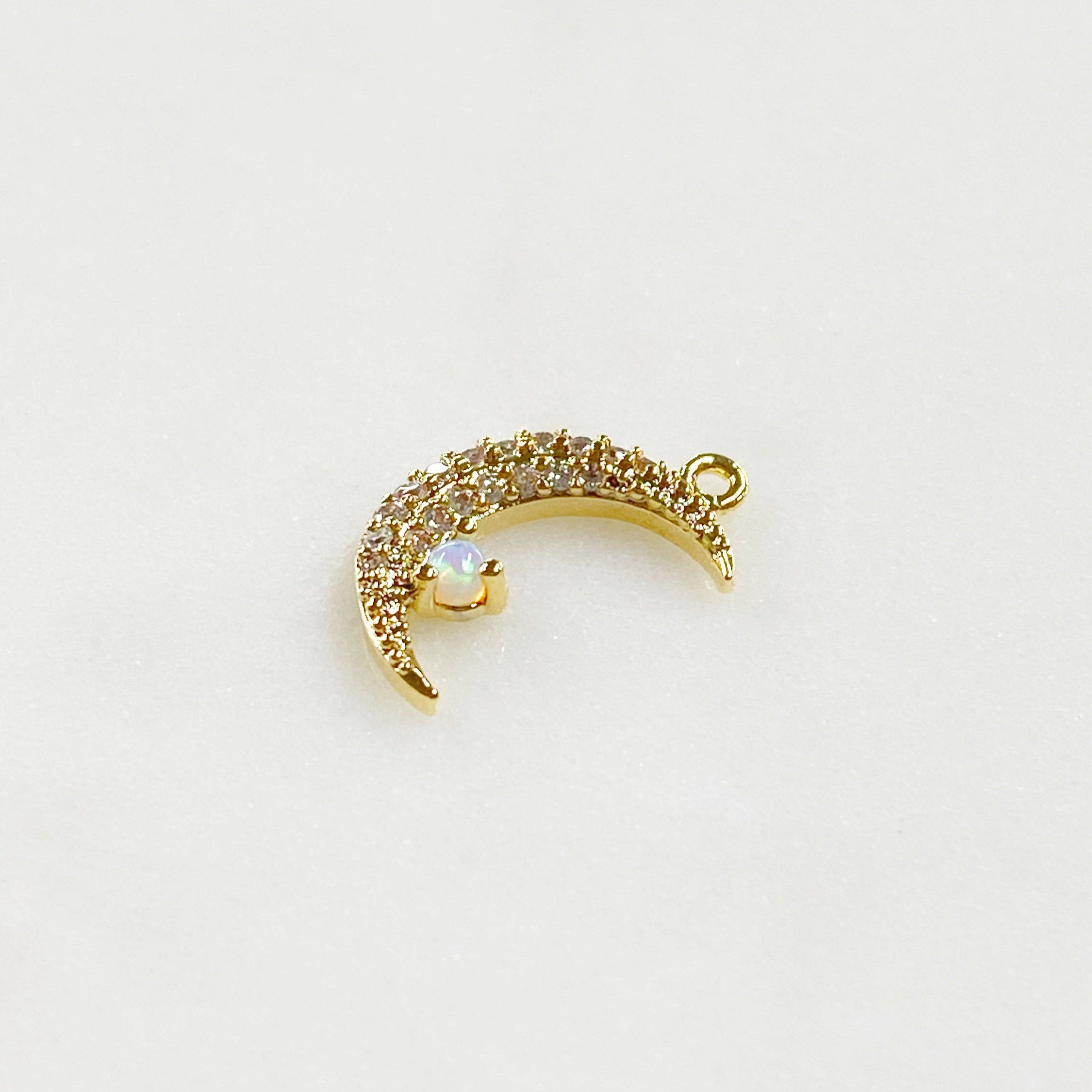 Gold Plated Thin Small Crescent Moon Cubic Zirconia Covered Opal