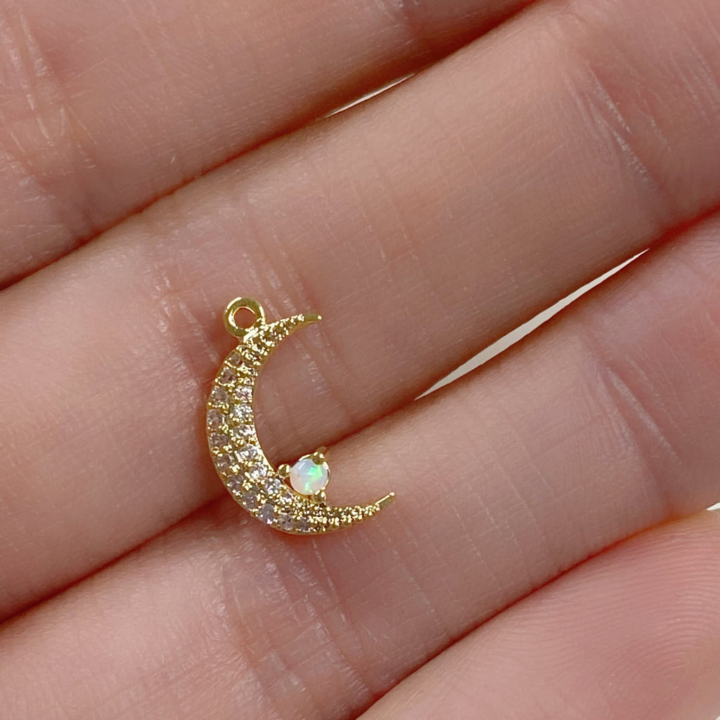 Gold Plated Thin Small Crescent Moon Cubic Zirconia Covered Opal