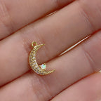 Gold Plated Thin Small Crescent Moon Cubic Zirconia Covered Opal