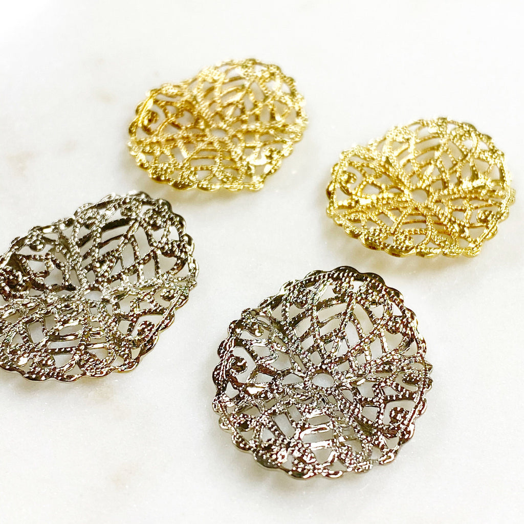 30mmx23mm Base Metal Filigree Gold or Silver Plated Medallion (2pc)