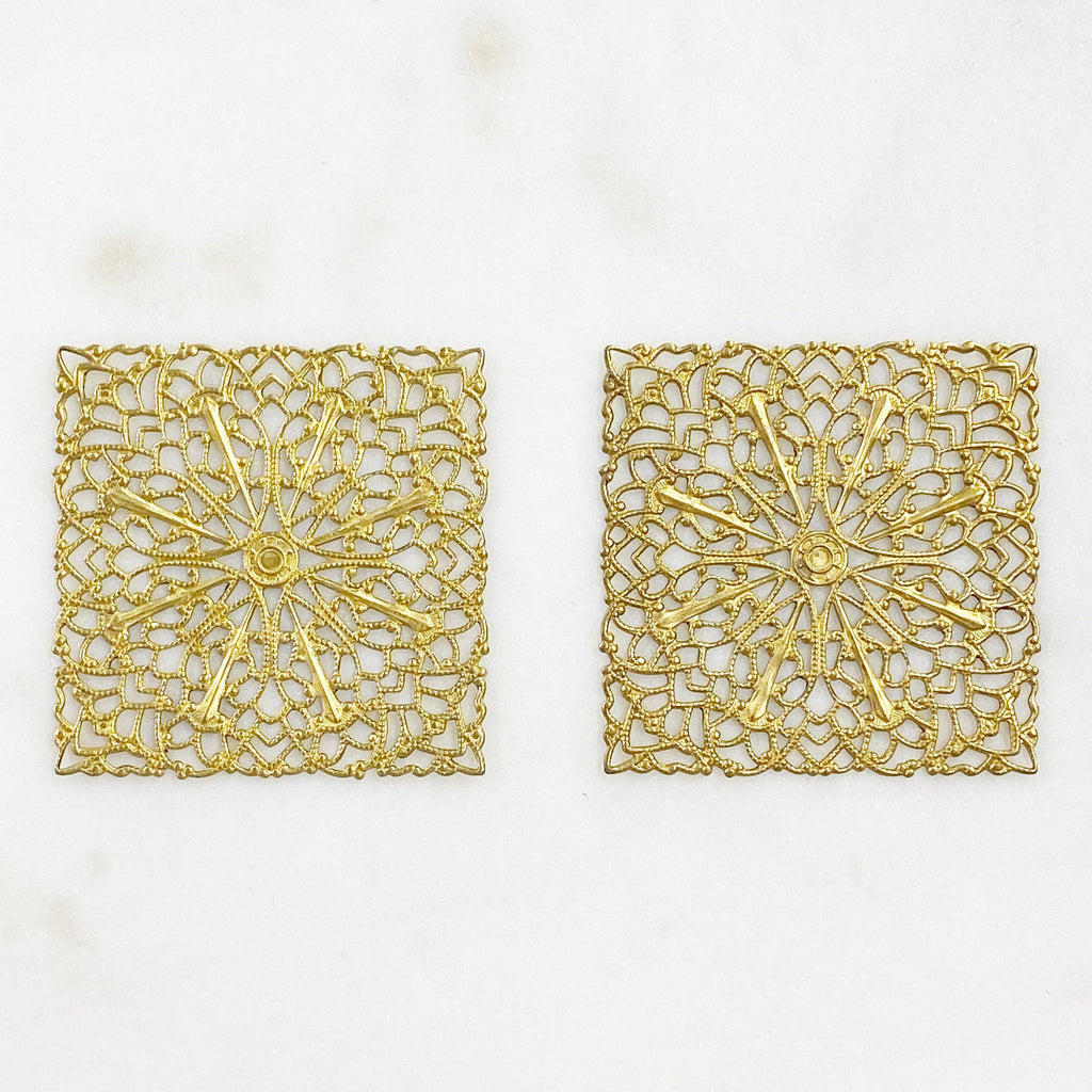43mm Raw Brass Filigree Square Shaped Medallion (2pc)