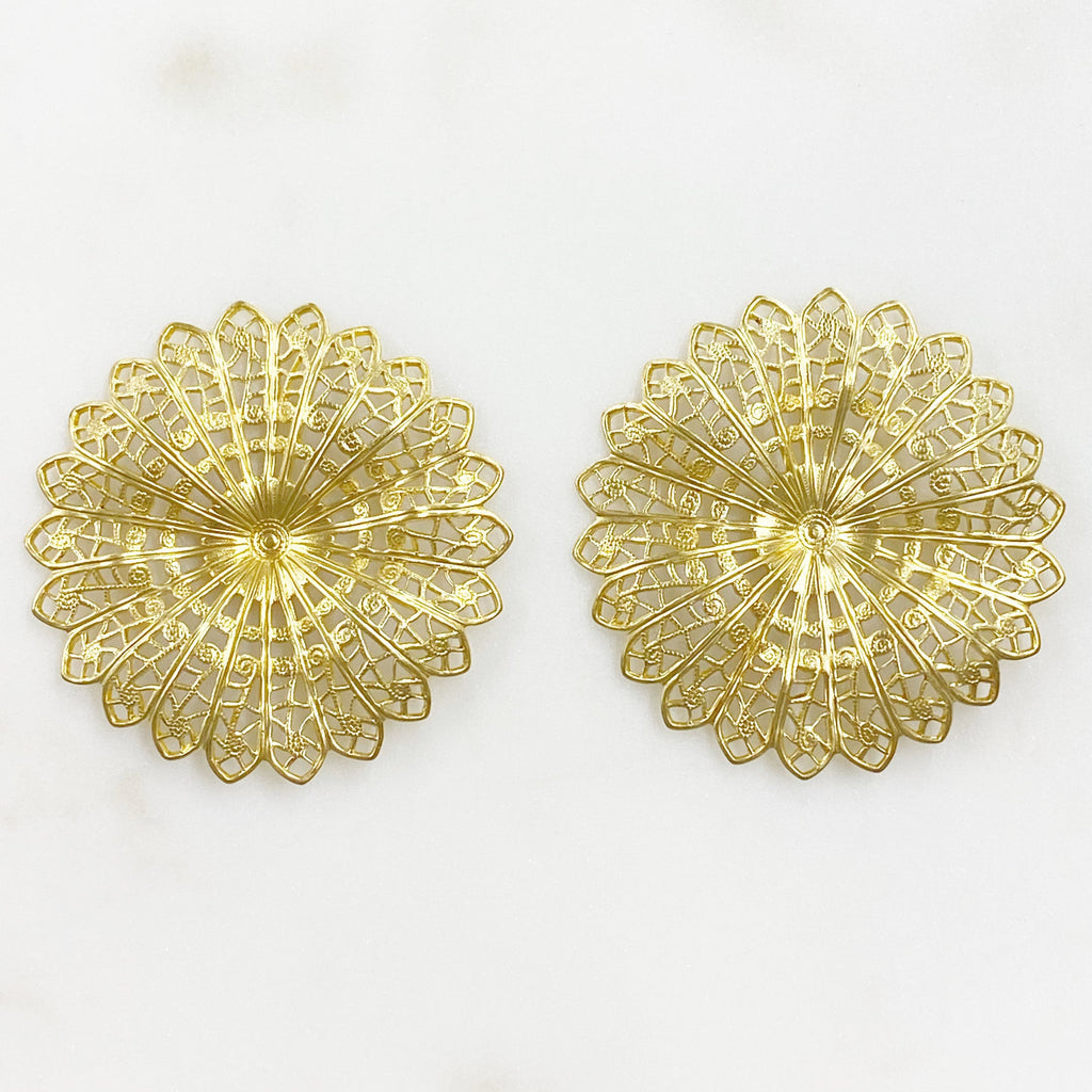 45mm Raw Brass Filigree Round Raised Edges Intricate Medallion Design (2pc)