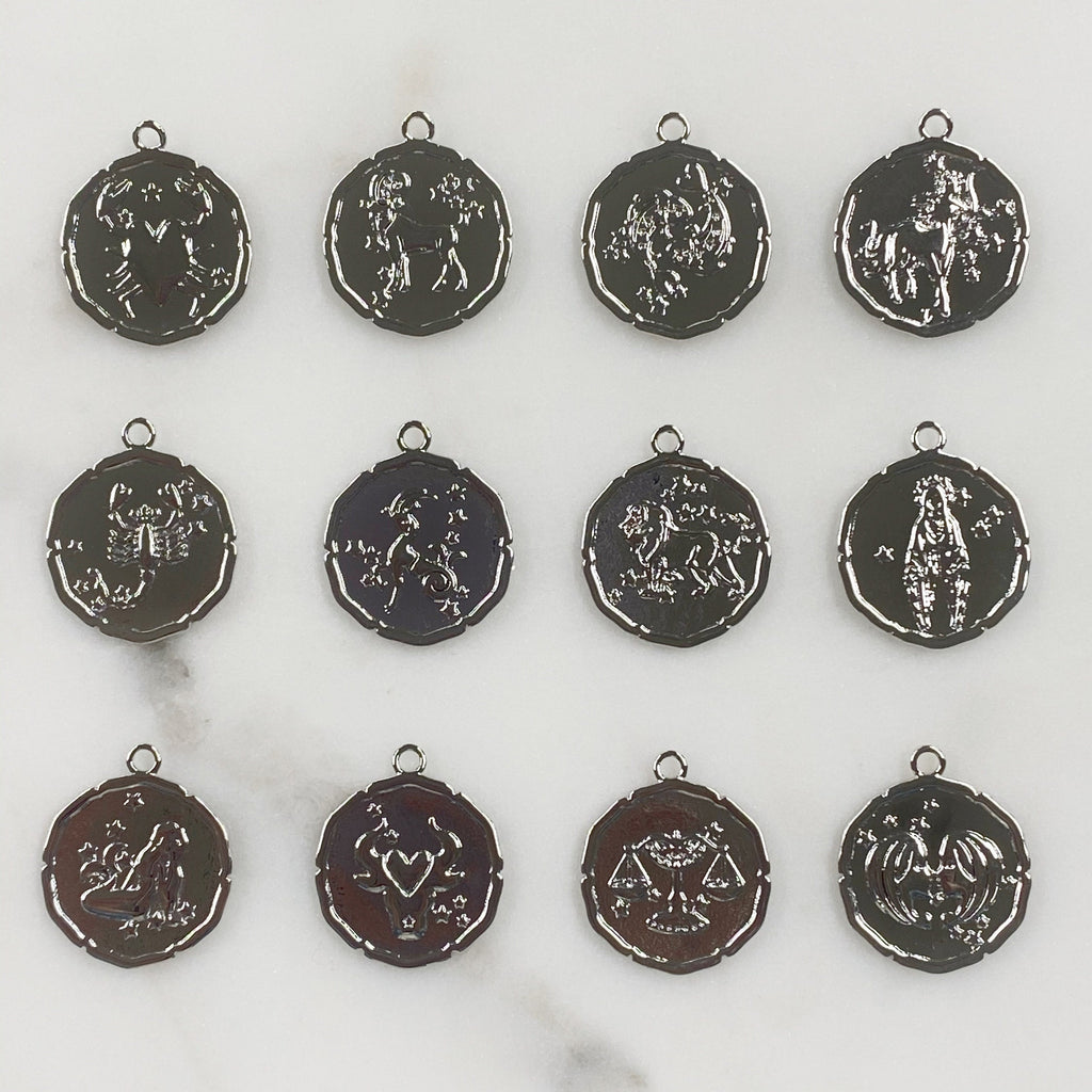 22mmx19mm Rhodium Plated Silver Zodiac Coin Constellation Round Medallion