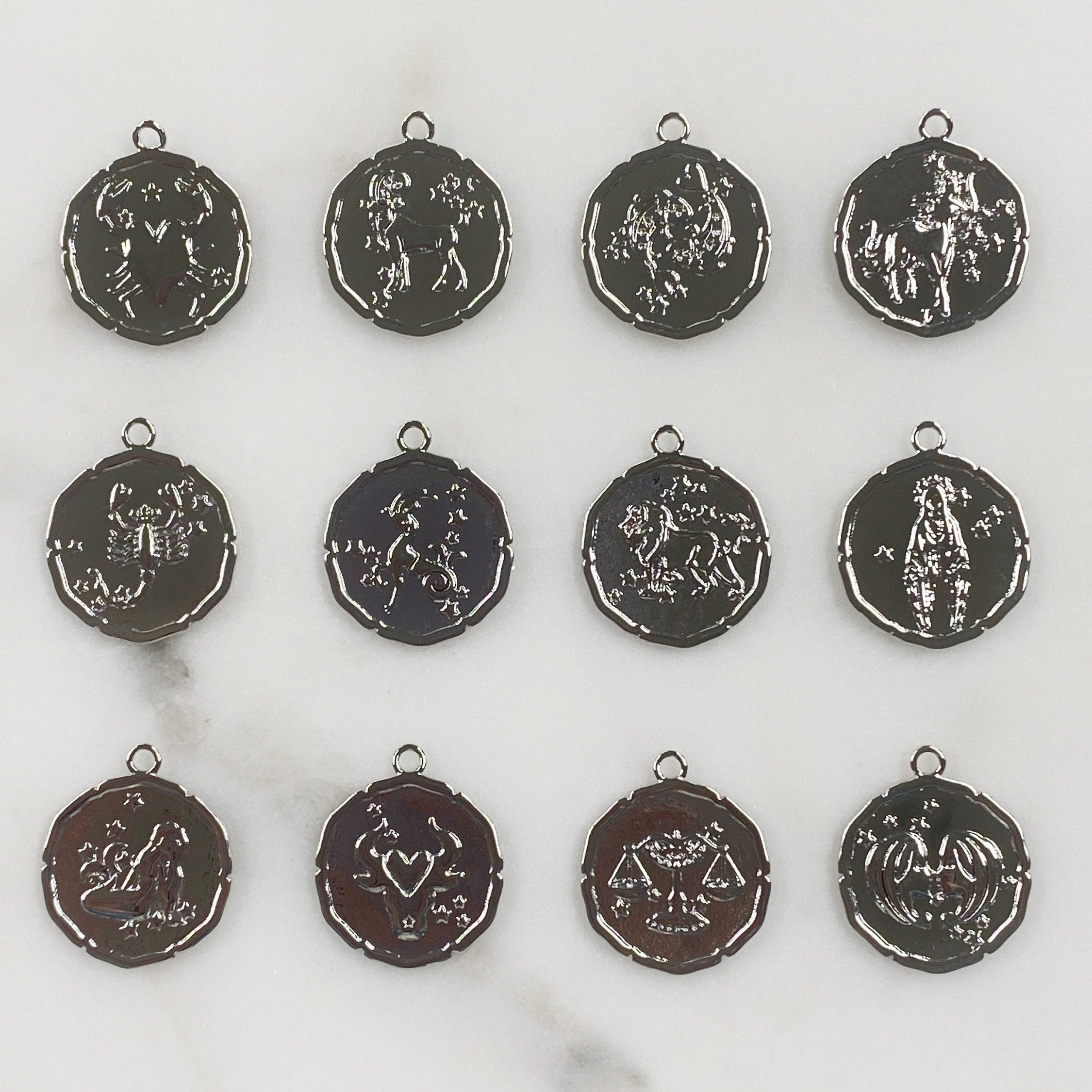22mmx19mm Rhodium Plated Silver Zodiac Coin Constellation Round Medallion