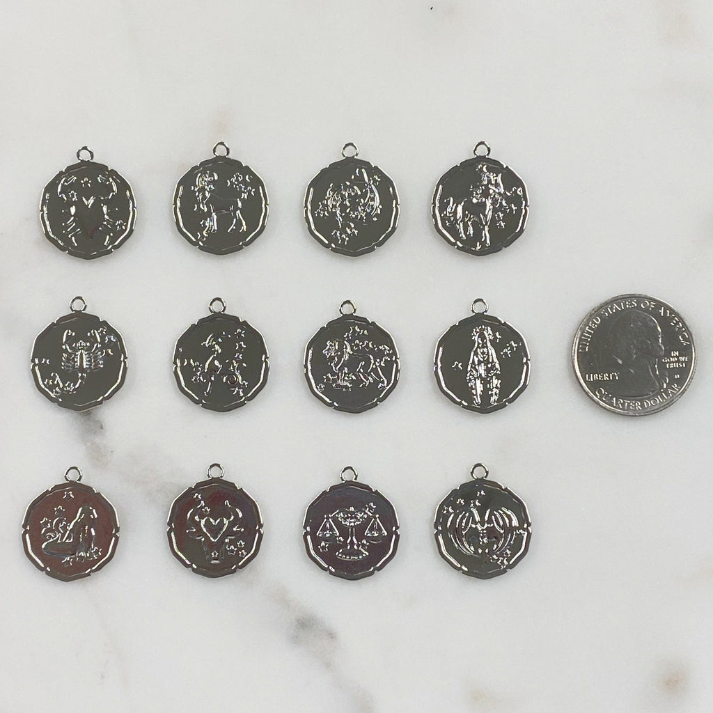 22mmx19mm Rhodium Plated Silver Zodiac Coin Constellation Round Medallion