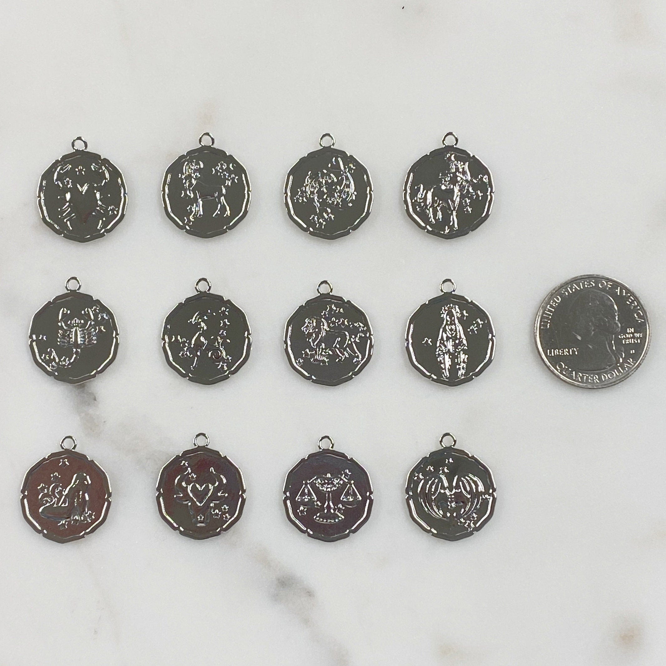 22mmx19mm Rhodium Plated Silver Zodiac Coin Constellation Round Medallion