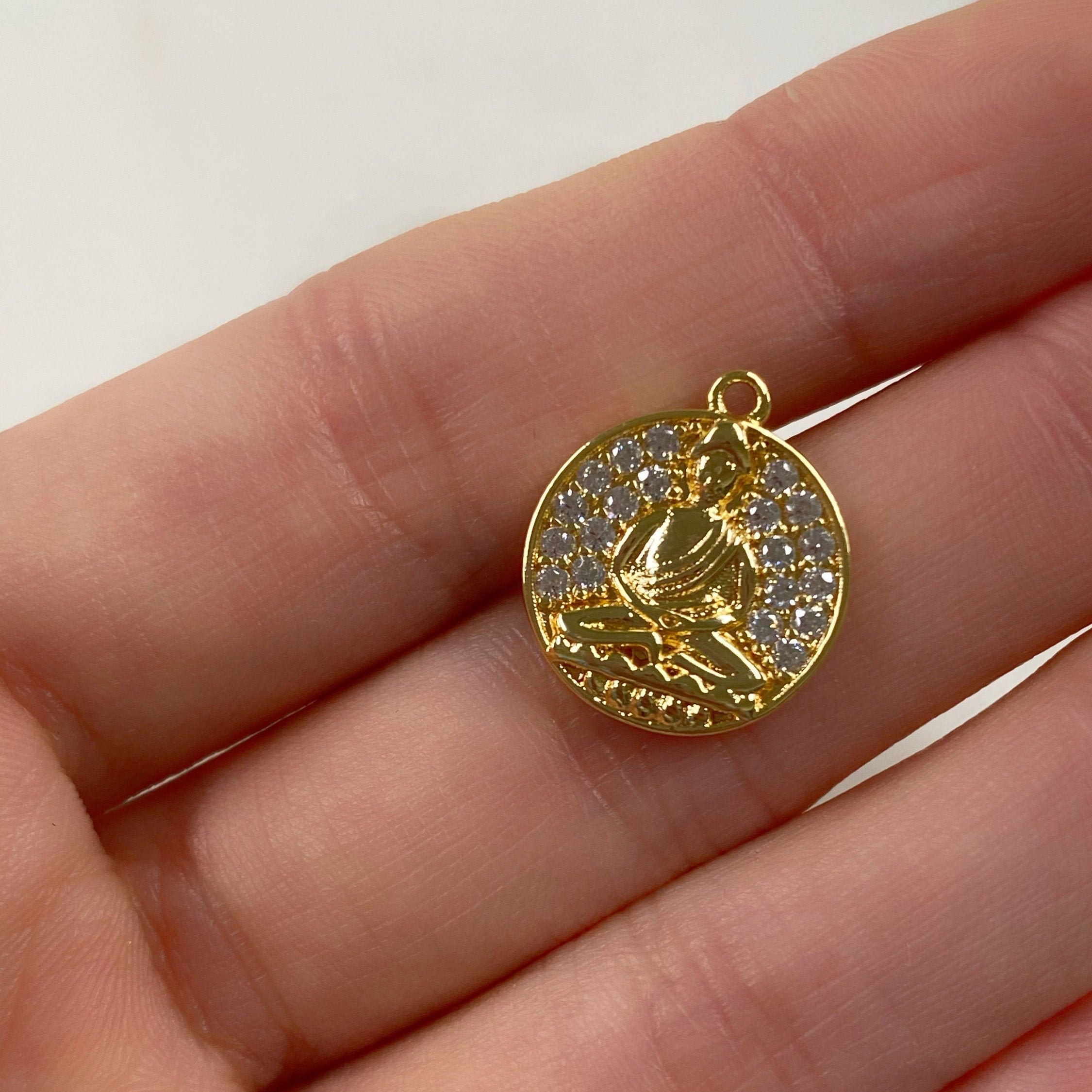 15mmx8mm Gold Plated Coin Clear CZ Pave Buddha Ohm Coin Yoga Buddhist Mantra
