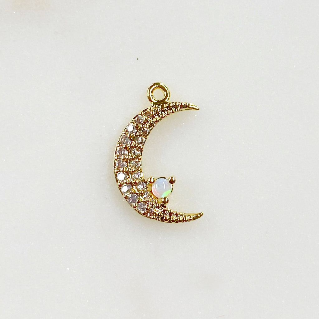 Gold Plated Thin Small Crescent Moon Cubic Zirconia Covered Opal