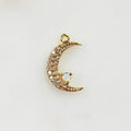Gold Plated Thin Small Crescent Moon Cubic Zirconia Covered Opal