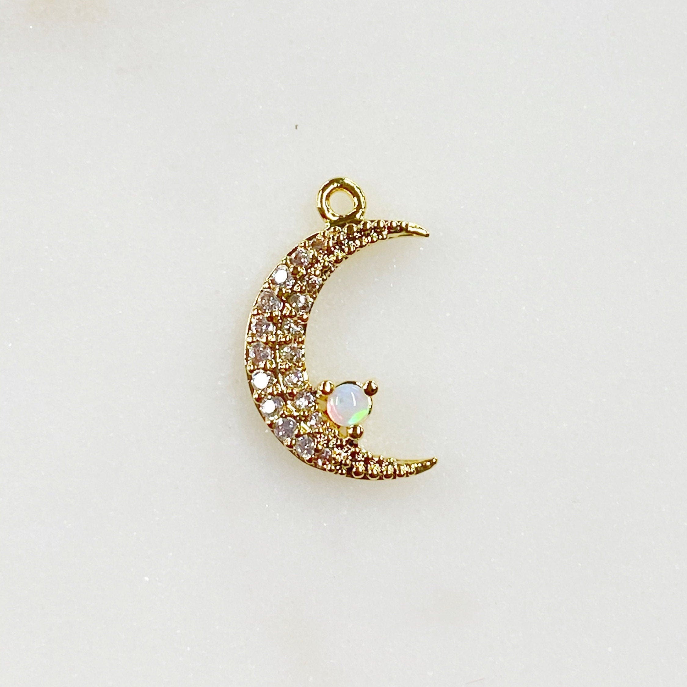 Gold Plated Thin Small Crescent Moon Cubic Zirconia Covered Opal