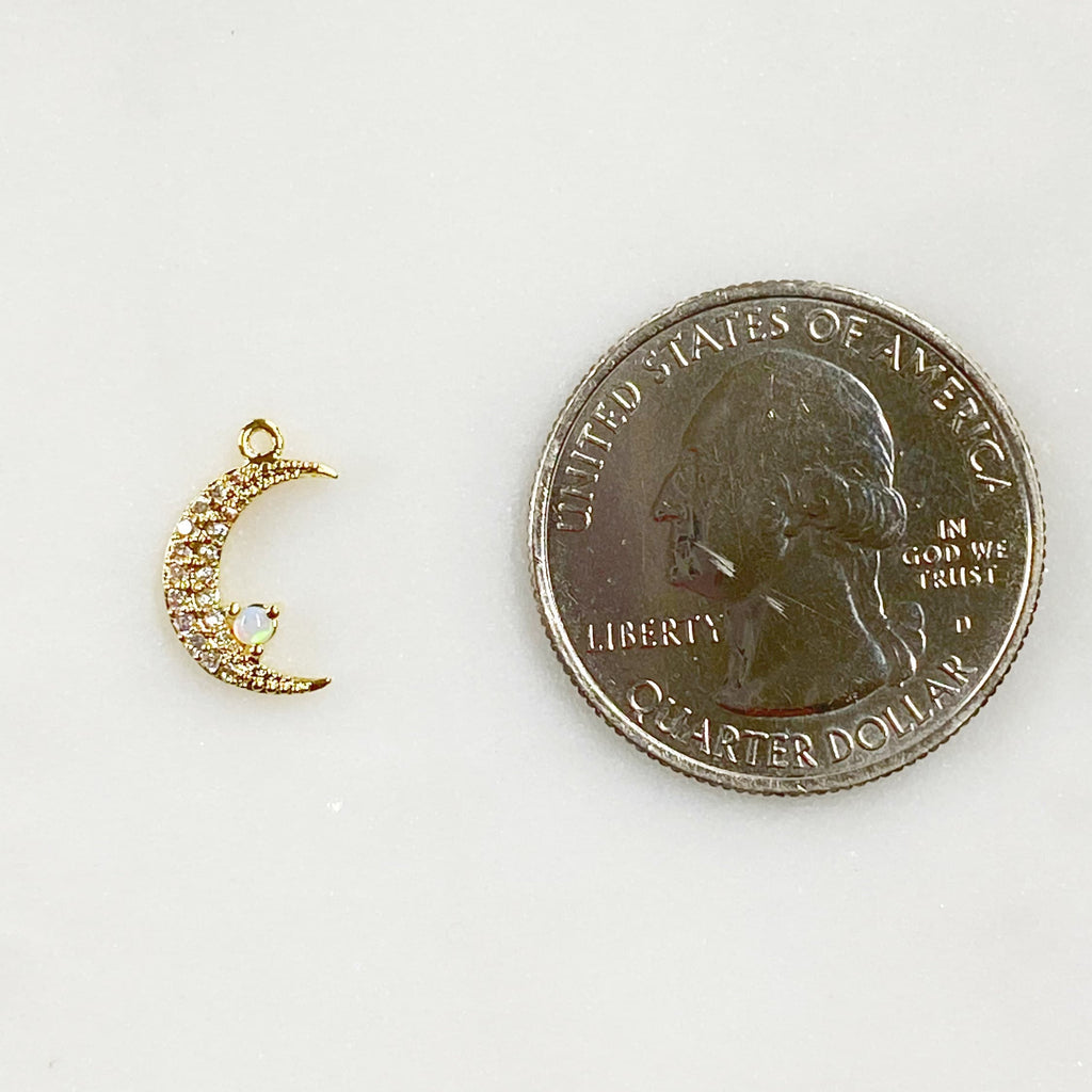 Gold Plated Thin Small Crescent Moon Cubic Zirconia Covered Opal
