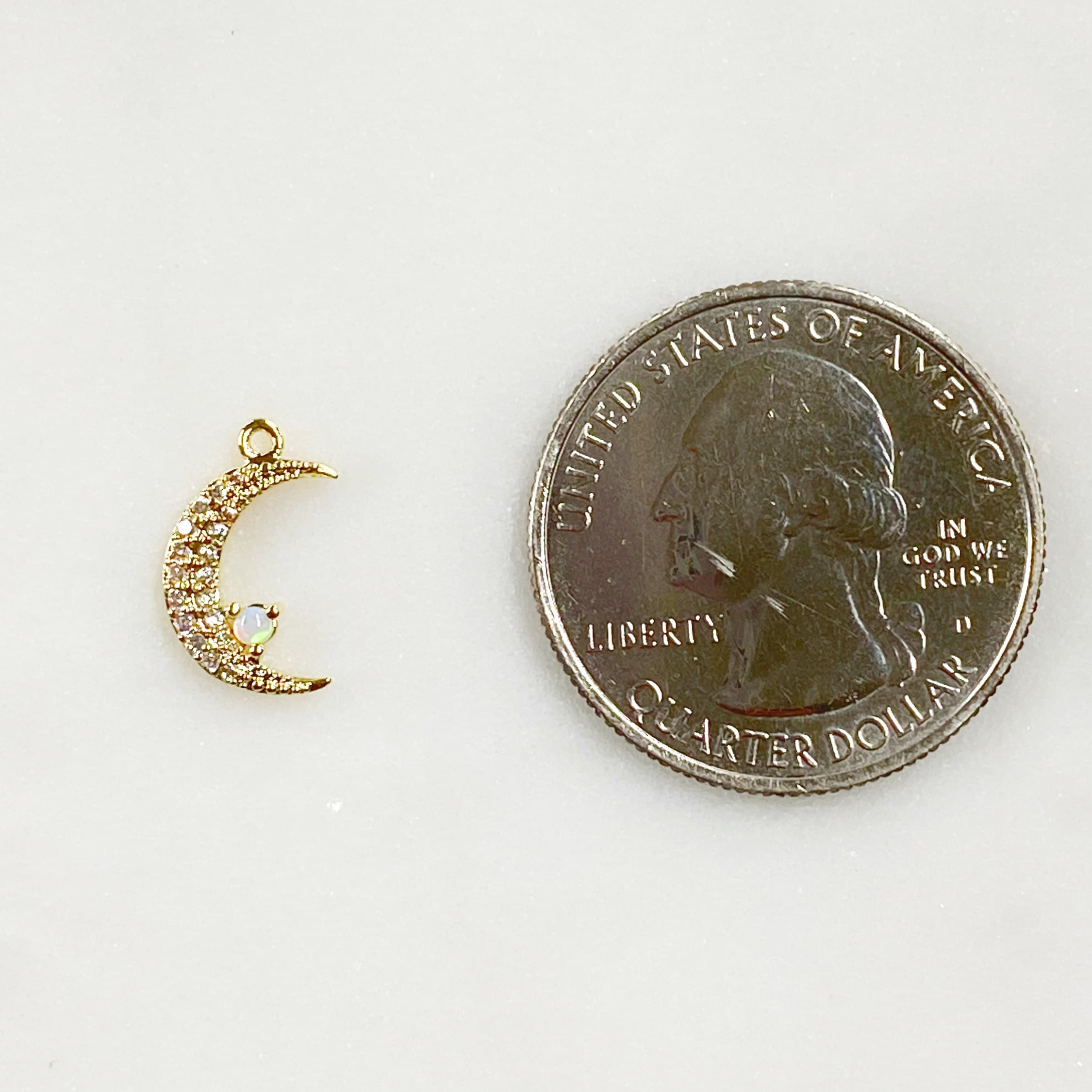 Gold Plated Thin Small Crescent Moon Cubic Zirconia Covered Opal