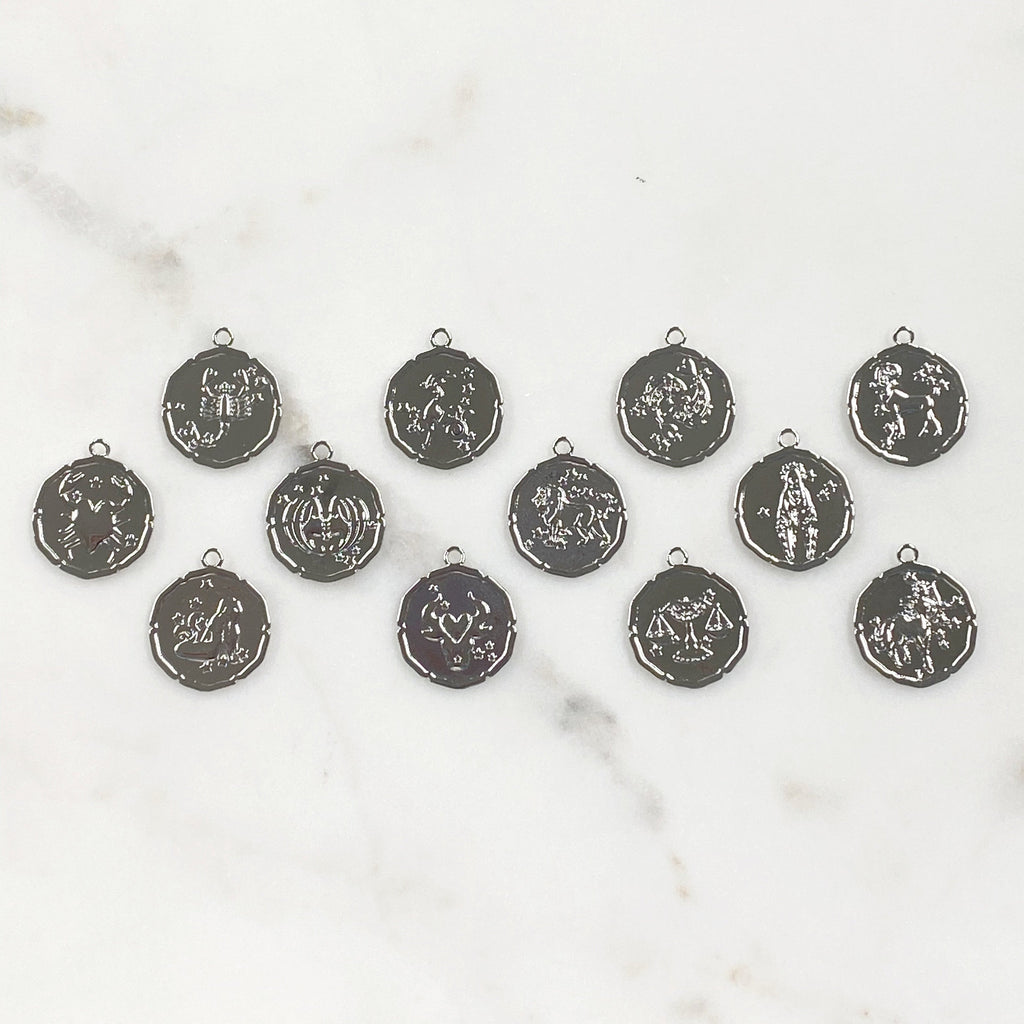 22mmx19mm Rhodium Plated Silver Zodiac Coin Constellation Round Medallion