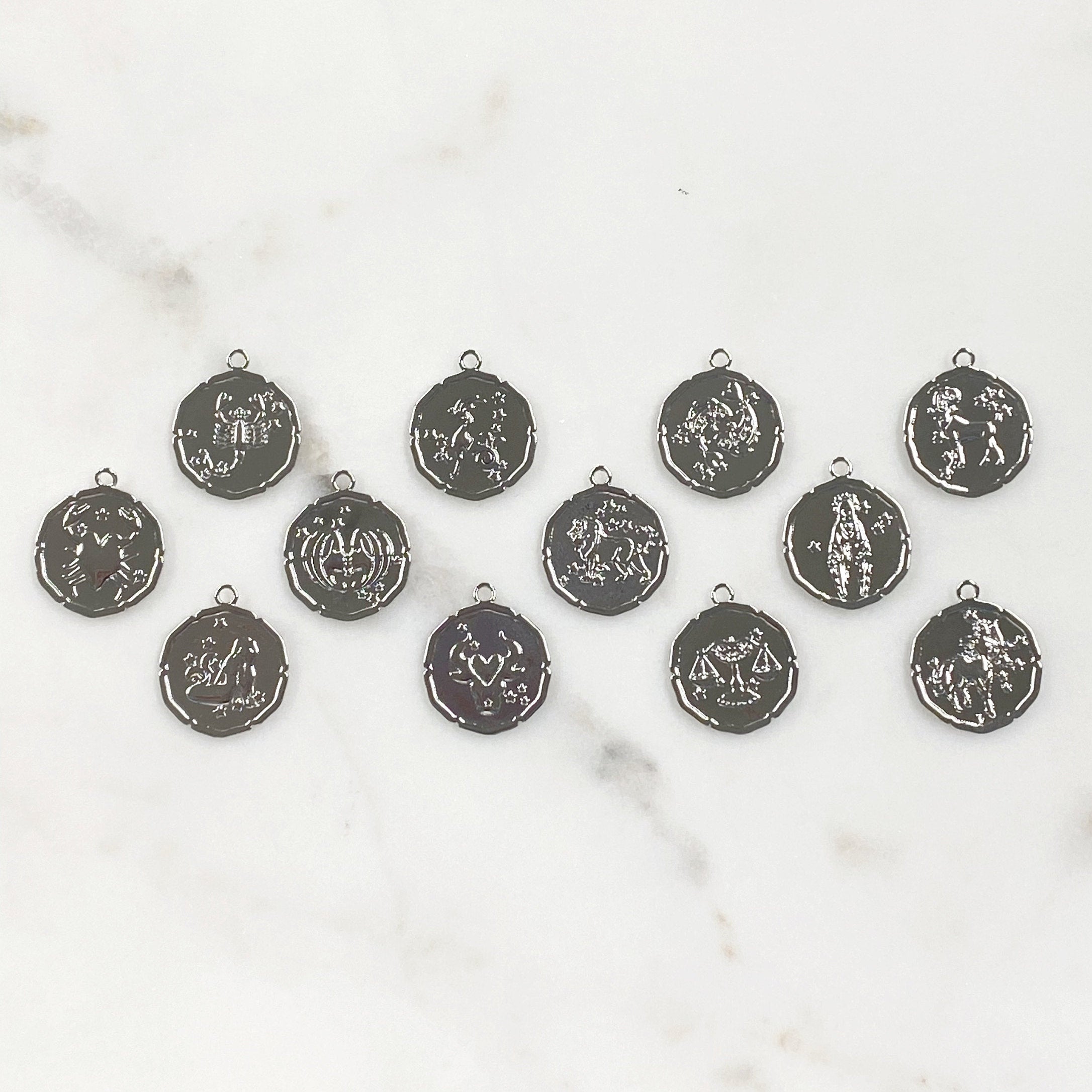 22mmx19mm Rhodium Plated Silver Zodiac Coin Constellation Round Medallion