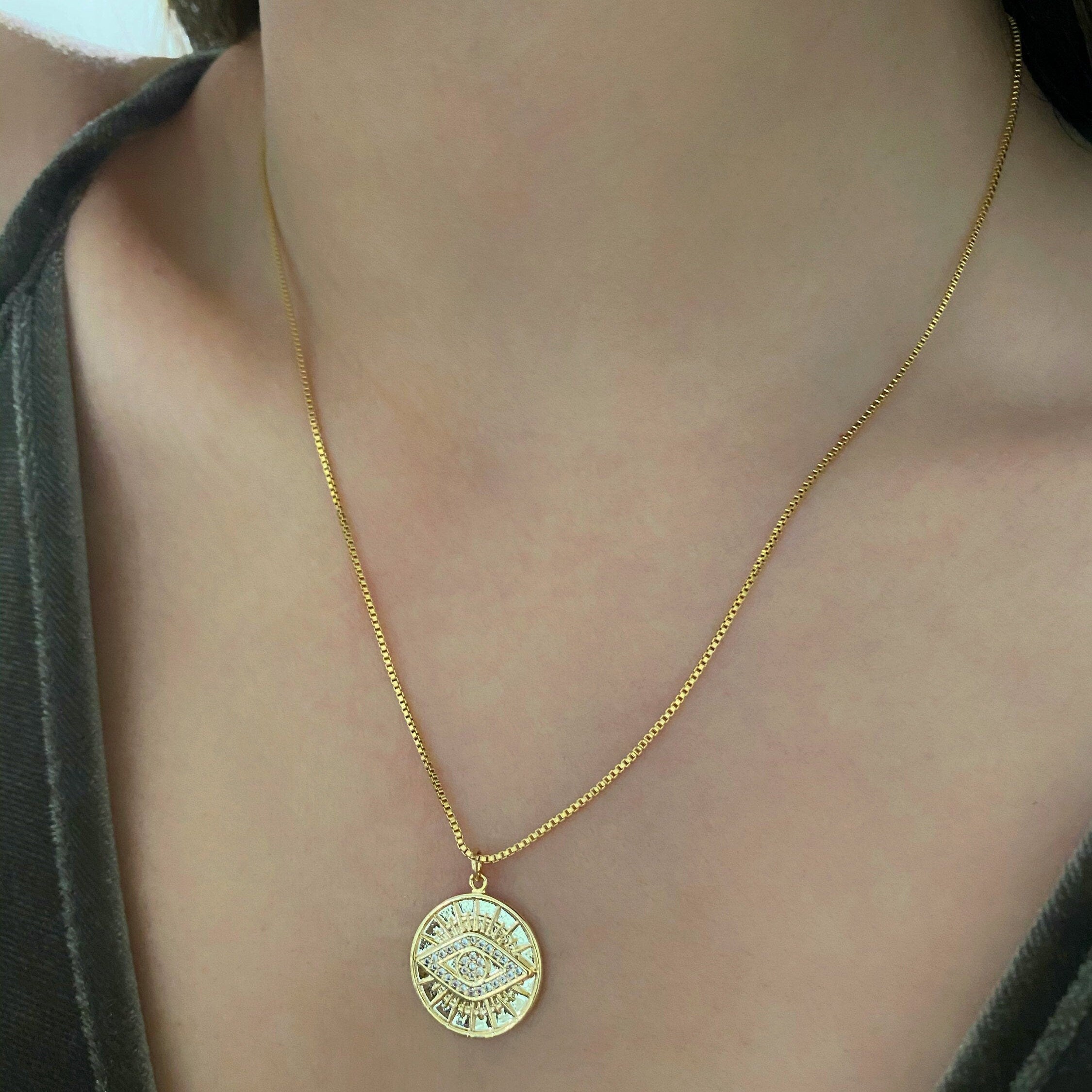 14K Gold Filled or Gold Plated Golden Evil Eye Necklace