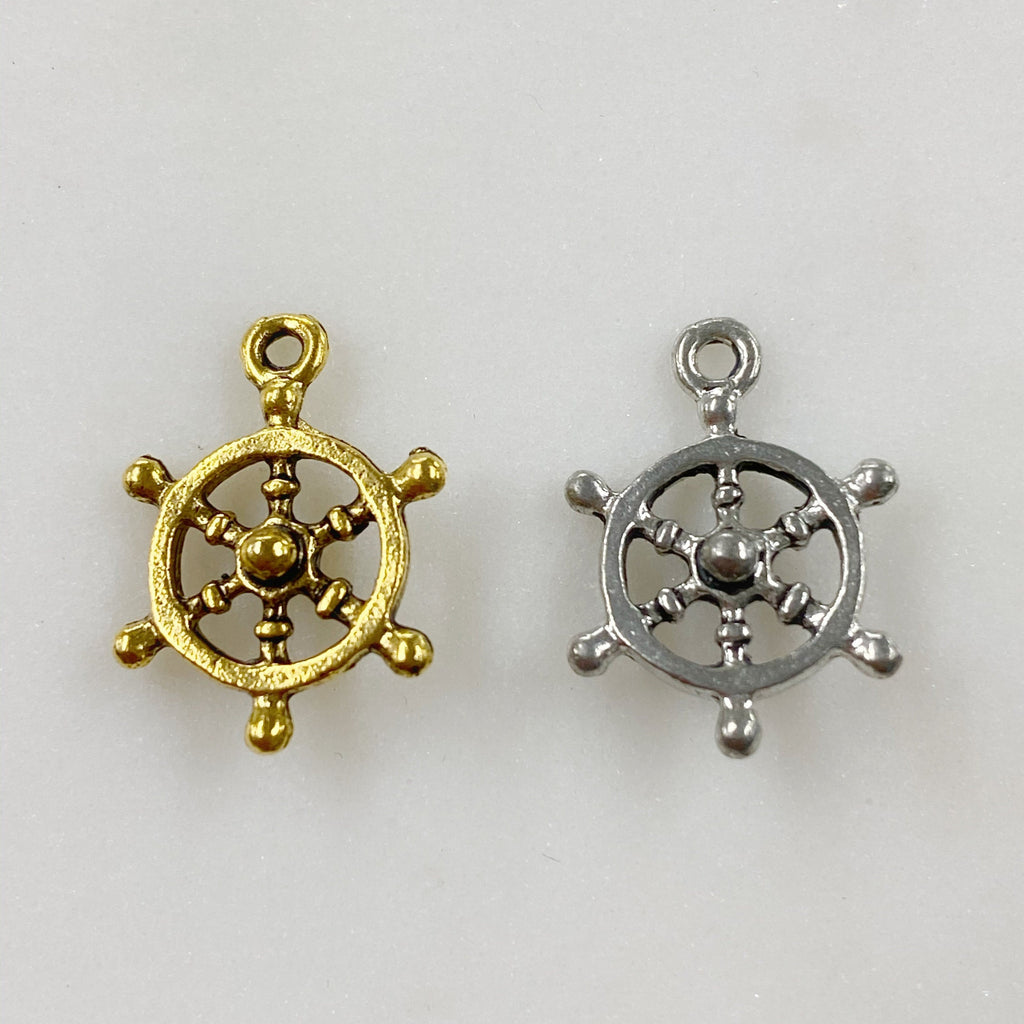 Pewter Ships Wheel Sea Charm Antique Gold or Antique Silver (2pc)