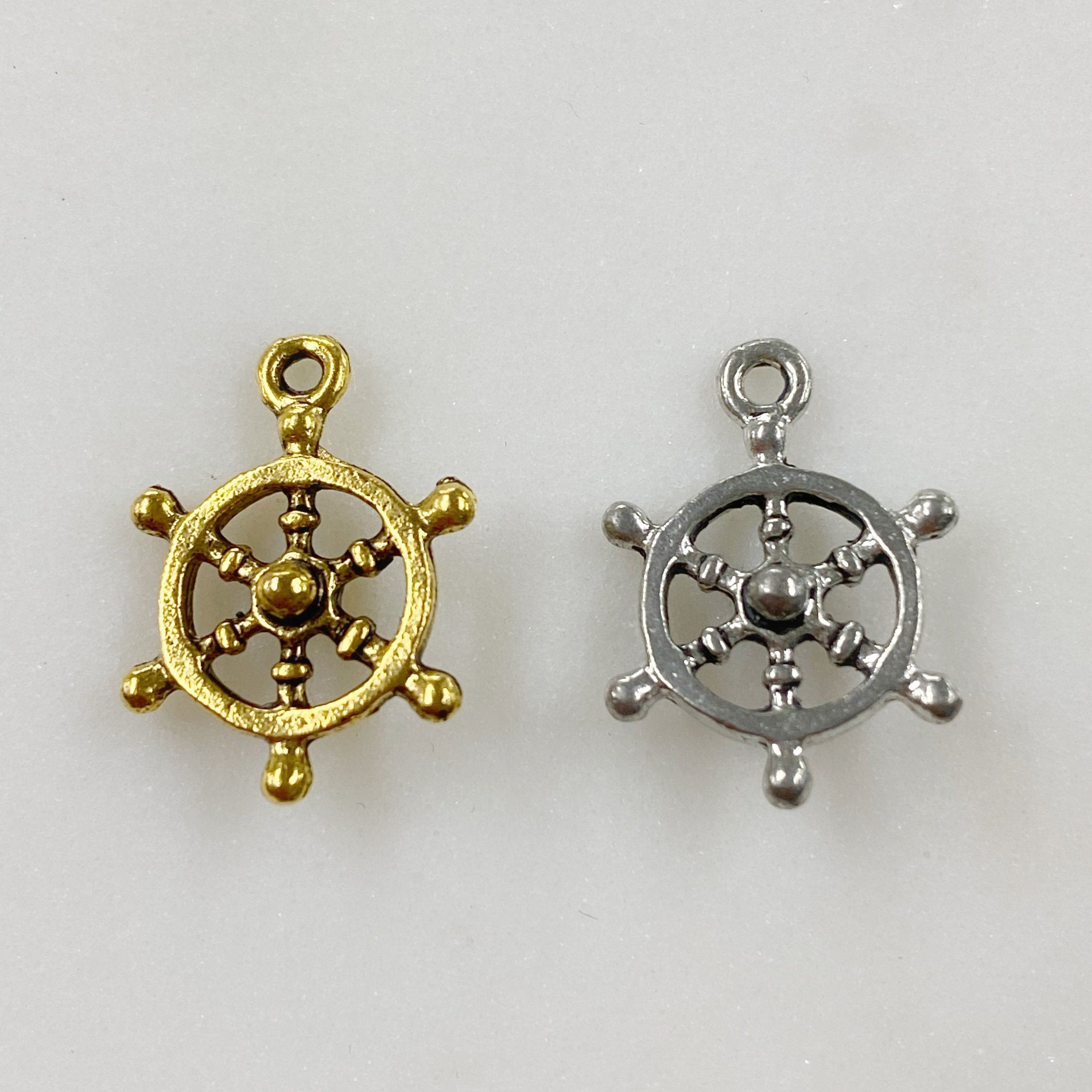Pewter Ships Wheel Sea Charm Antique Gold or Antique Silver (2pc)