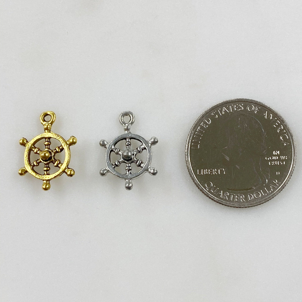 Pewter Ships Wheel Sea Charm Antique Gold or Antique Silver (2pc)