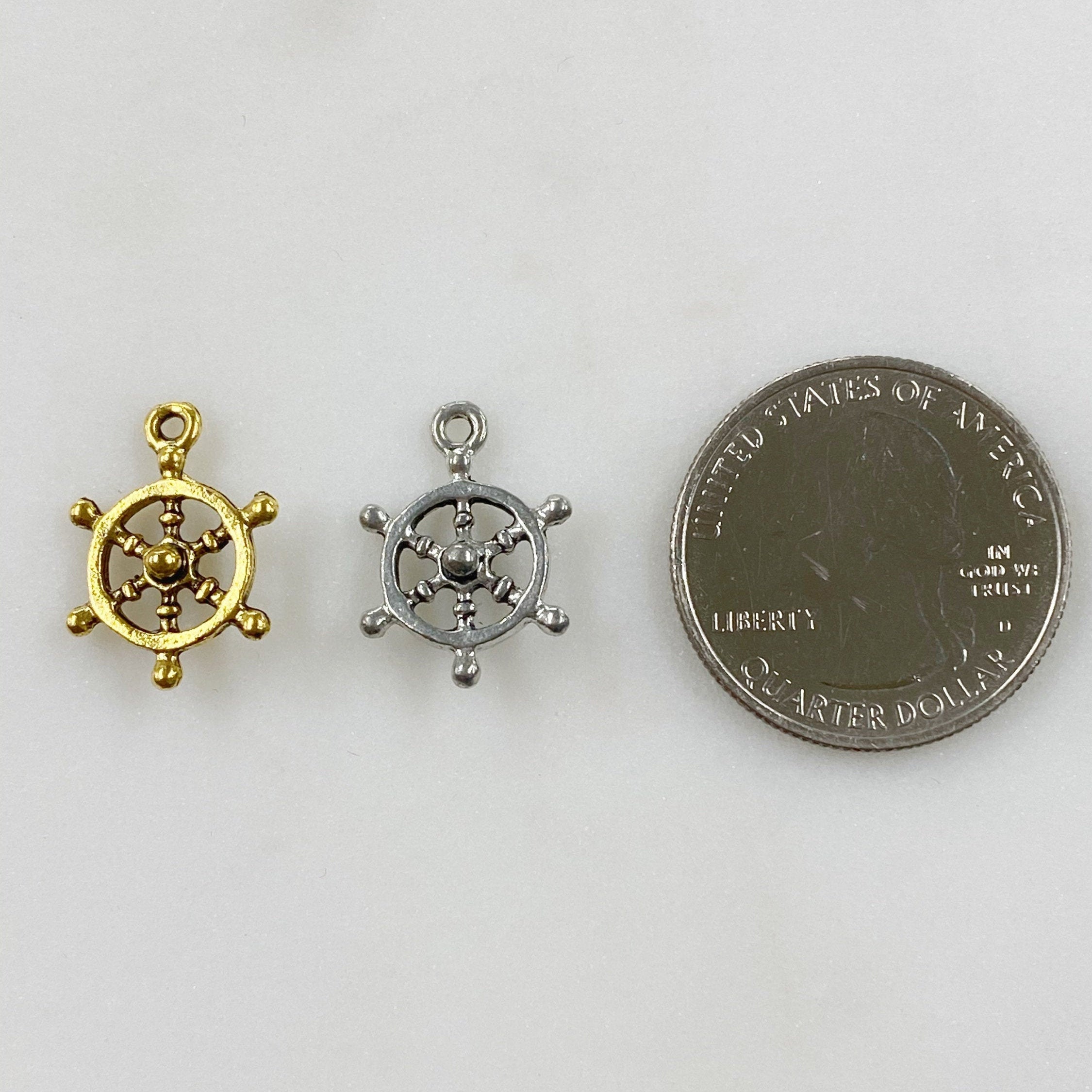 Pewter Ships Wheel Sea Charm Antique Gold or Antique Silver (2pc)