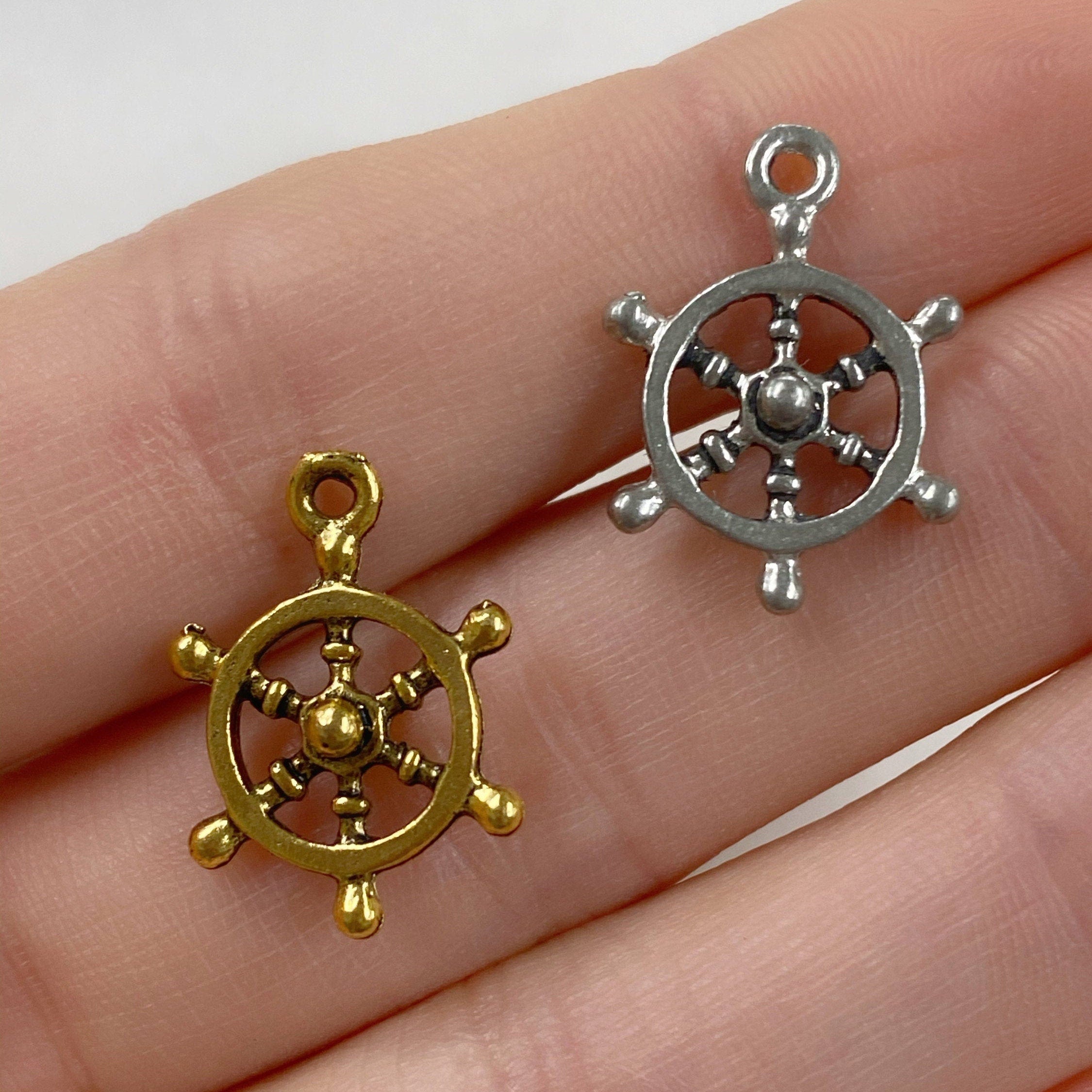 Pewter Ships Wheel Sea Charm Antique Gold or Antique Silver (2pc)