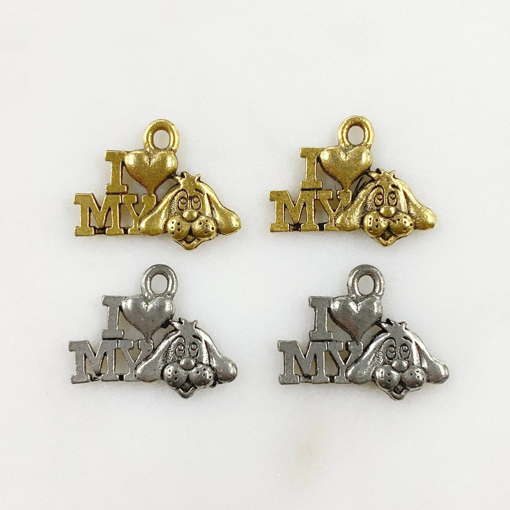 Pewter I Heart My Dog Charm Dog Charm Antique Gold or Antique (2pc)