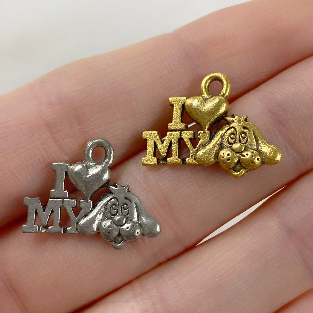 Pewter I Heart My Dog Charm Dog Charm Antique Gold or Antique (2pc)